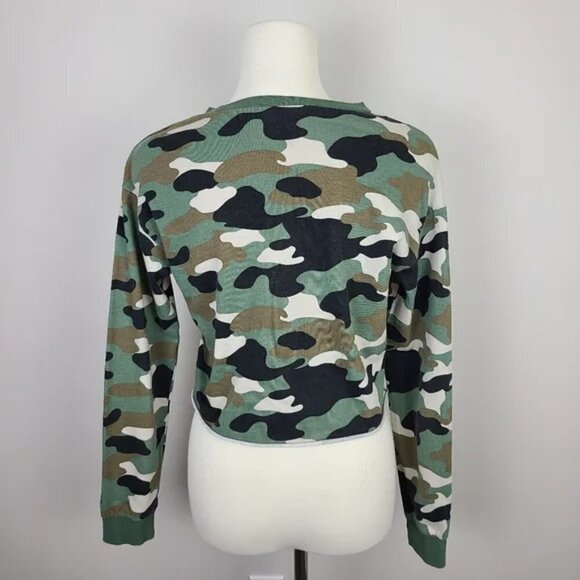 H&M Green Black and Cream Camo Printed Cropped Sweatshirt XS - Picture 9 of 16